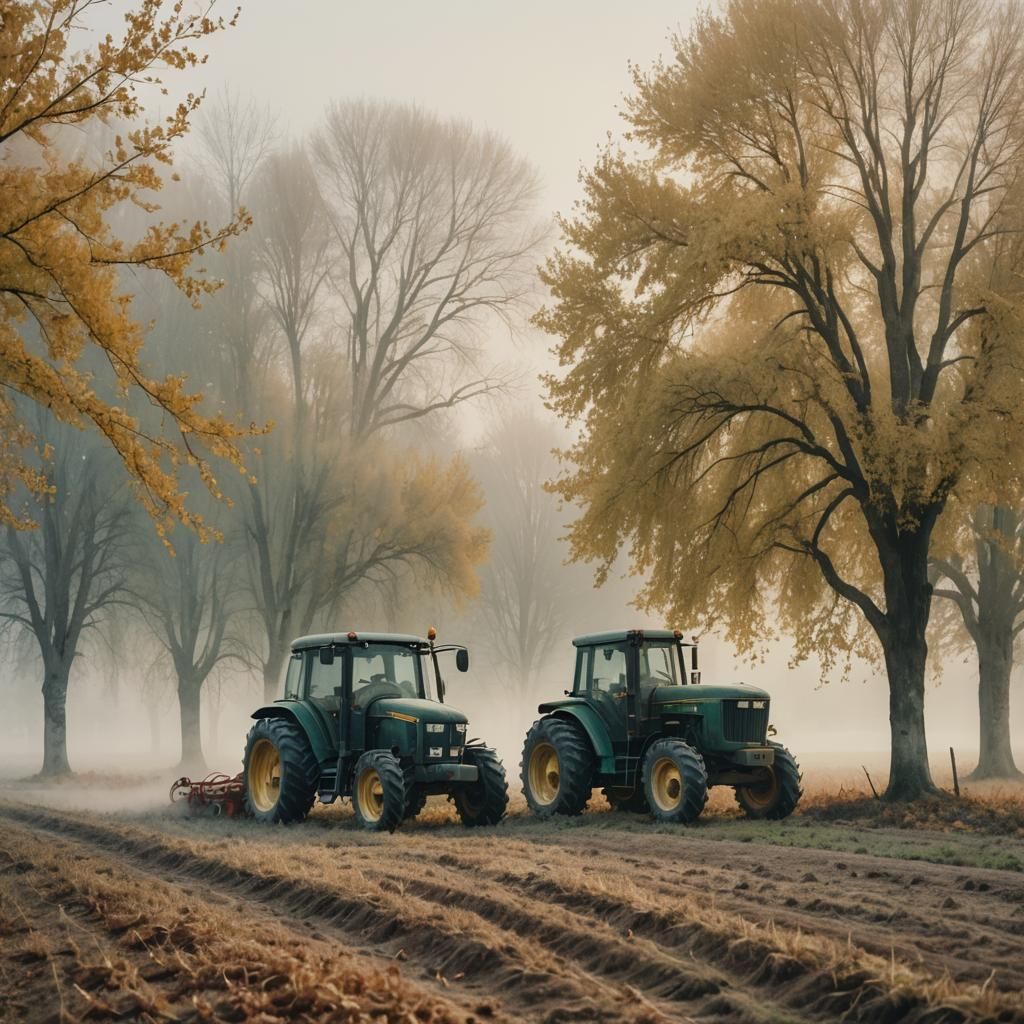 Foggy Field: Tractor at Work in Watercolor Style