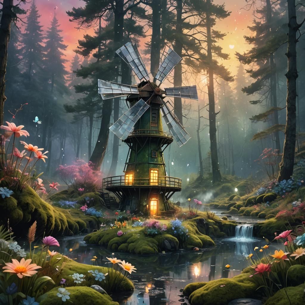 A windmill by the river.