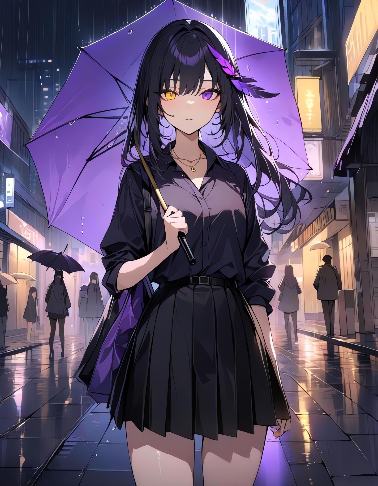 Woman with Heterochromia in Rainy Cyberpunk City