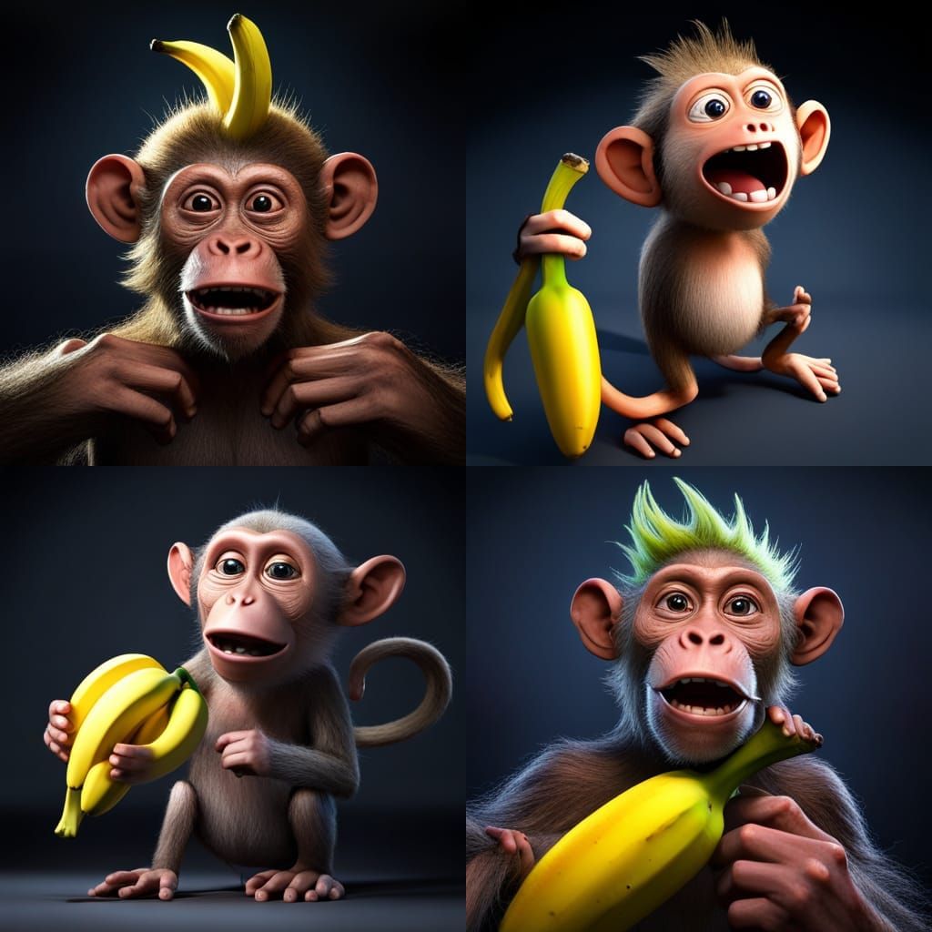 a 3d hd  funny crazy hair monkey  holding a banana on a black background