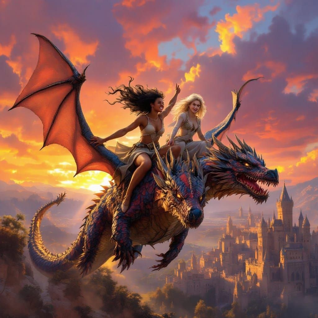 Princesses Ride Dragons Over Medieval Kingdom at Sunset