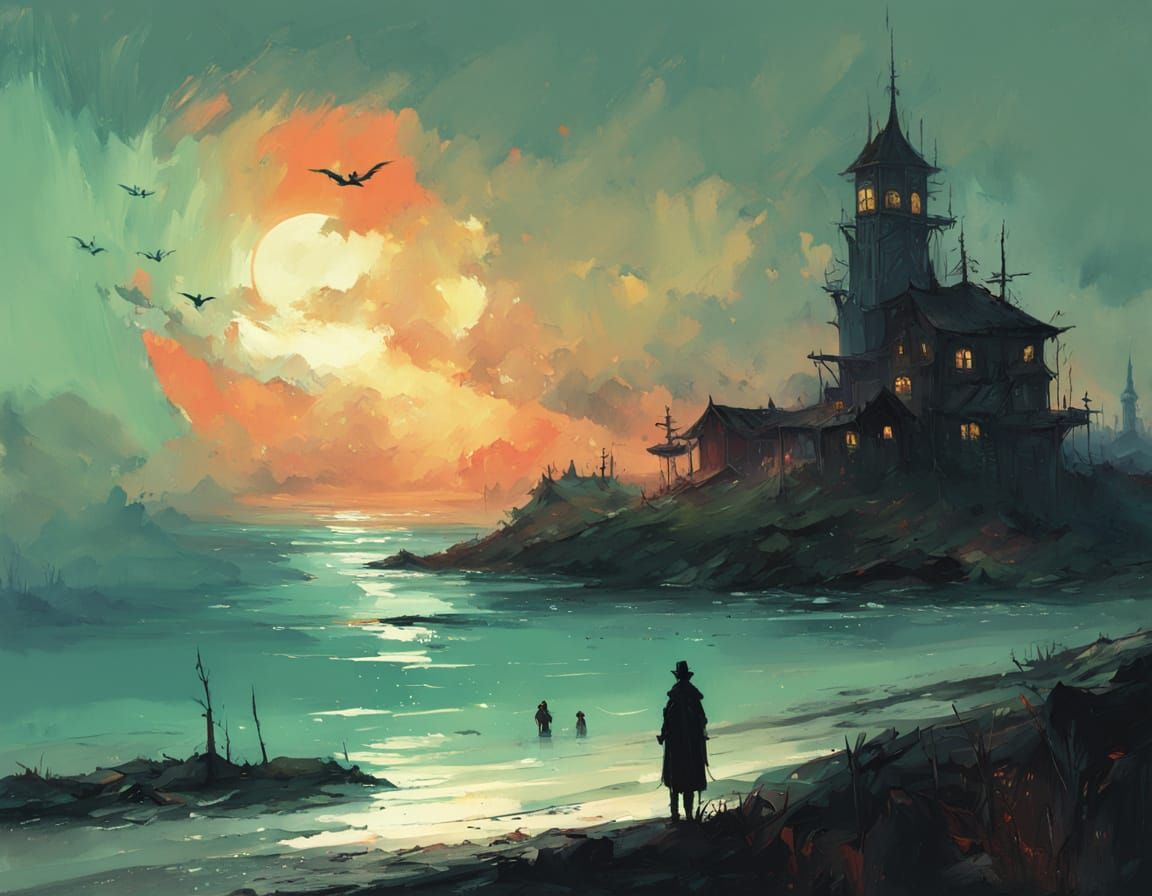 Moonlit Beach Silhouettes: A Surreal Classical Painting