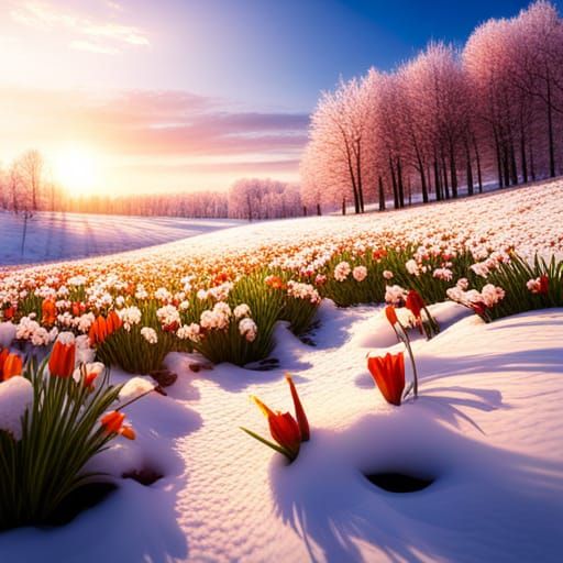 Spring Flowers Bloom Through Winter Snow