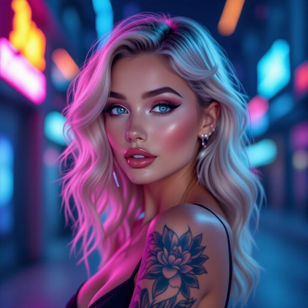 Synthwave Woman with Tattoos and Blue Eyes