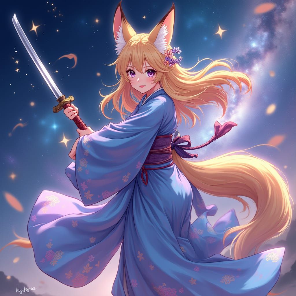 Anime Fox-Girl Wielding Katana in Galaxy