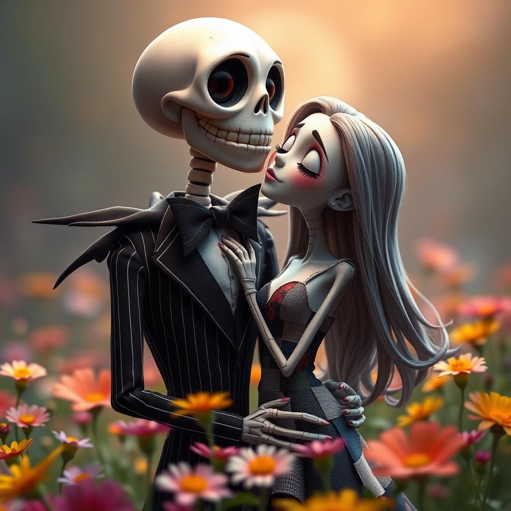 Animated Skeleton and Patchwork Girl in Embrace