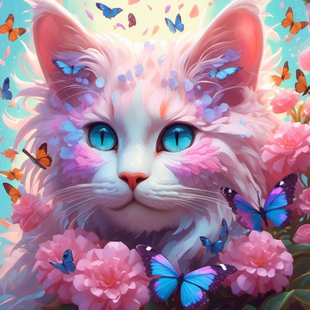 Pastel Cat Portrait with Flowers, Detailed Digital Art