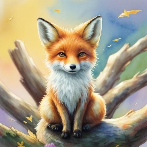 Fox on Stump: Whimsical Watercolor Illustration