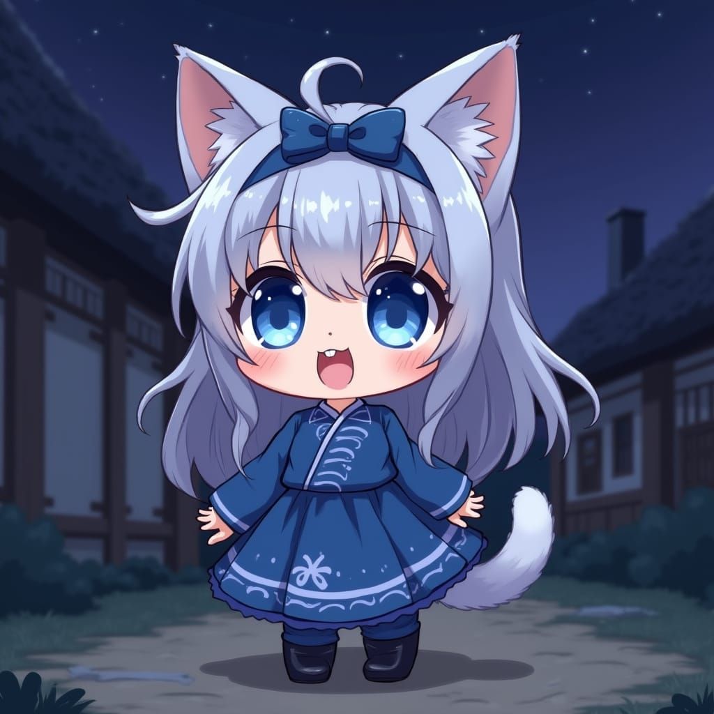 Chibi Anime Catgirl Under Starry Night Sky