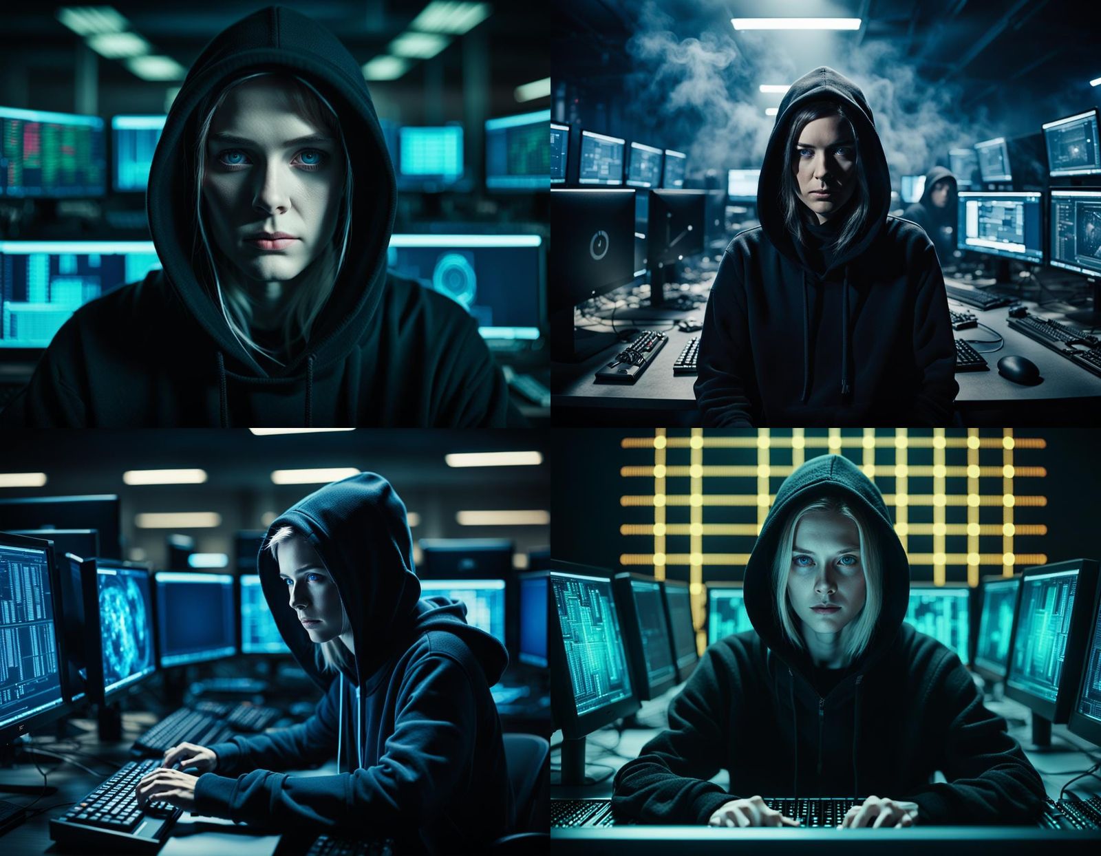 Intense Female Hacker in Cinematic Film Still