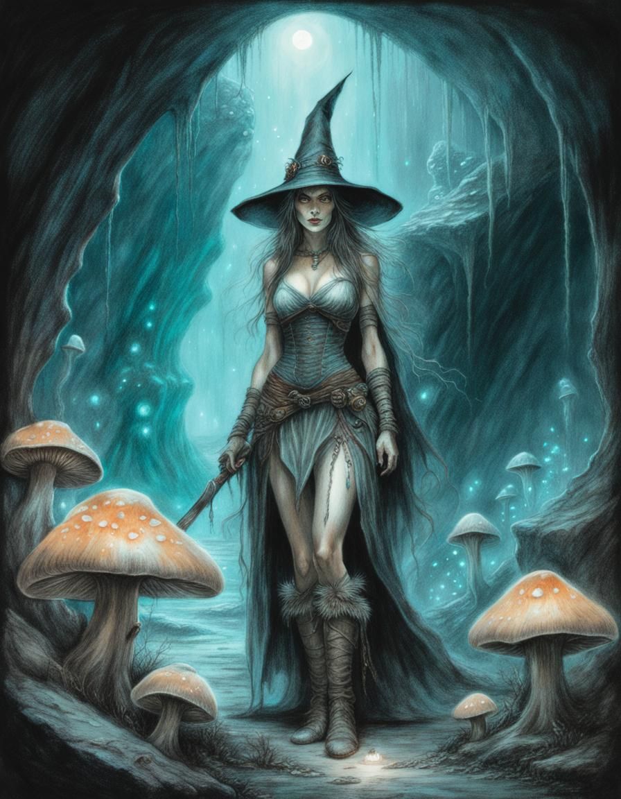 Bioluminescent Mushrooms Gathered by Witch: Royo-Inspired Ar...