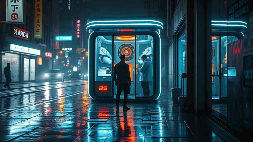 Cyberpunk Agent at AI Health Kiosk in Neon Alley