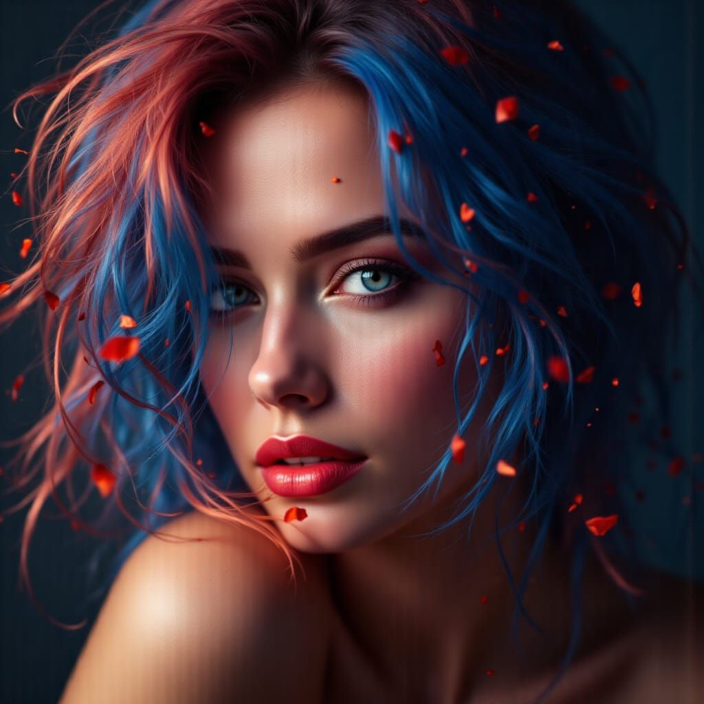 Dreamlike Portrait of a Woman with Blue and Red Hair