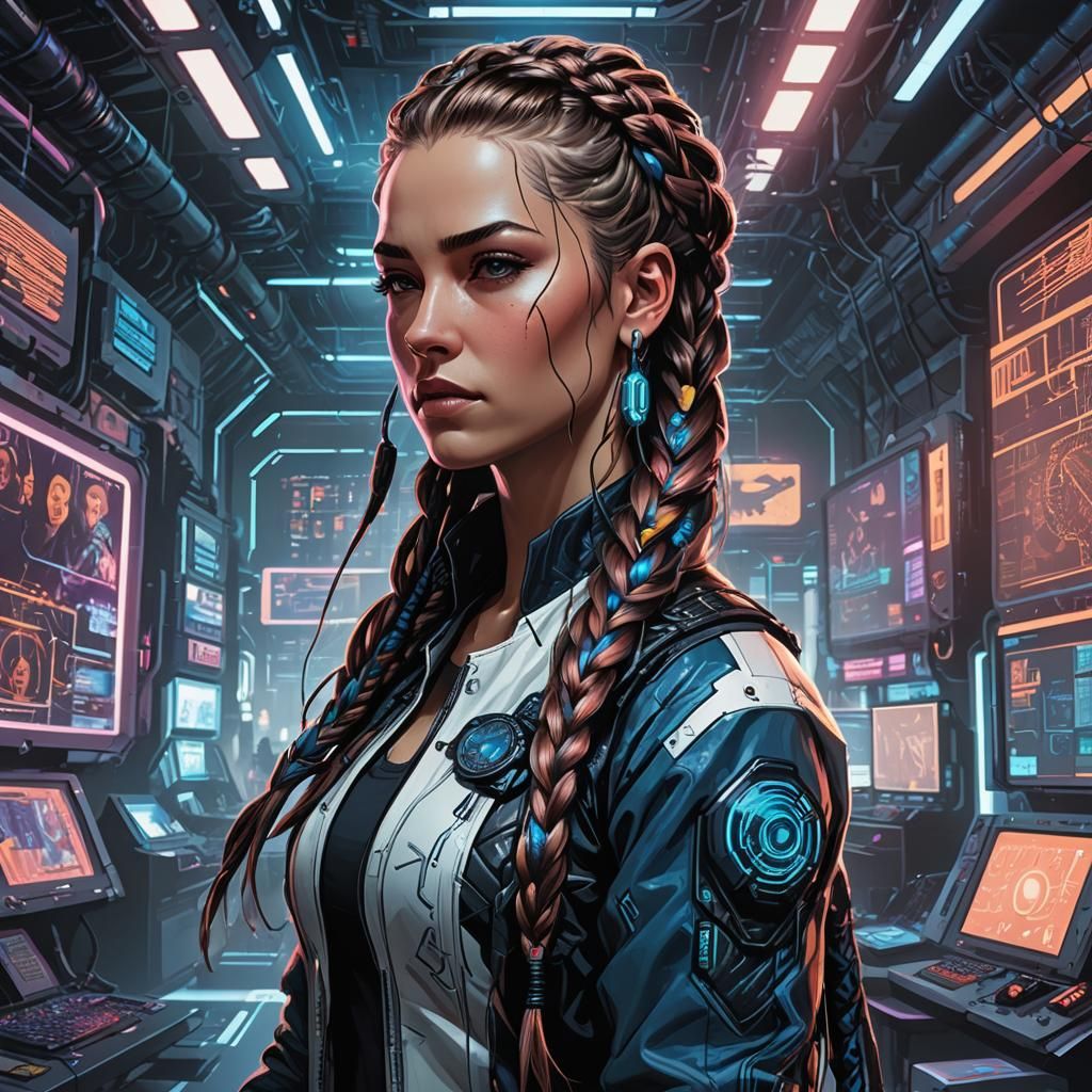Cyberpunk Woman in High-Tech Command Center