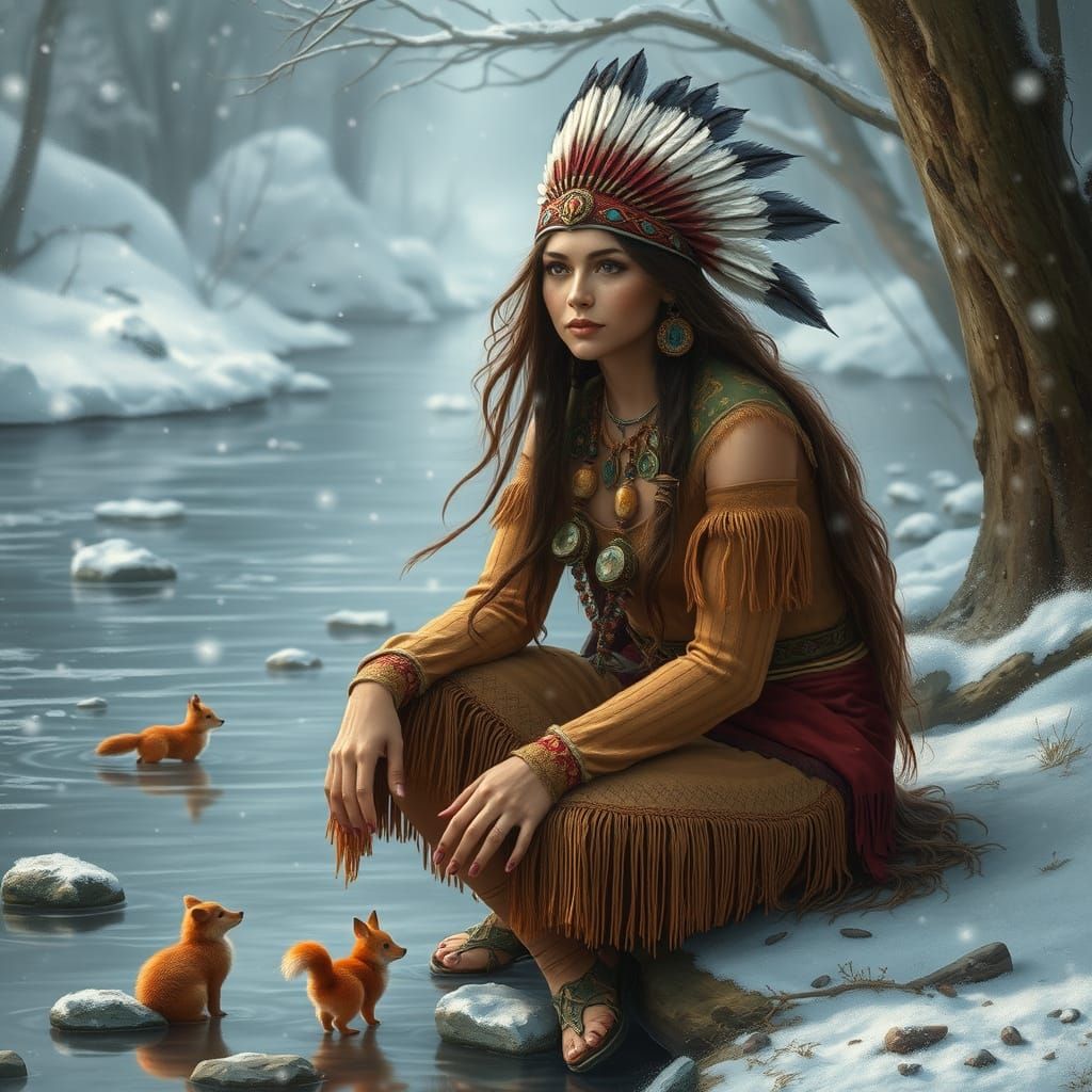 Snowy Princess on a Woodland Riverbank