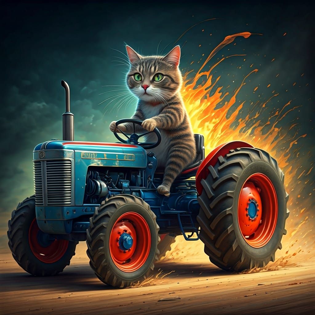 Hyperrealistic Cat Drives a Tractor