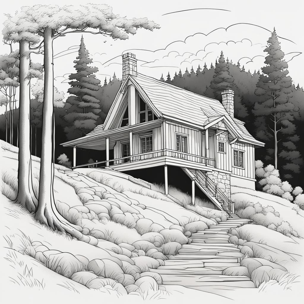 Line Art Cottage on Hill by Forest