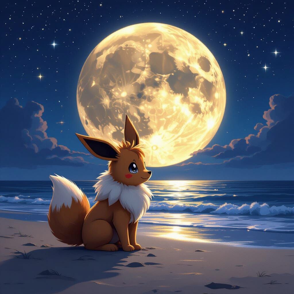 Eevee on Moonlit Beach with Starry Sky
