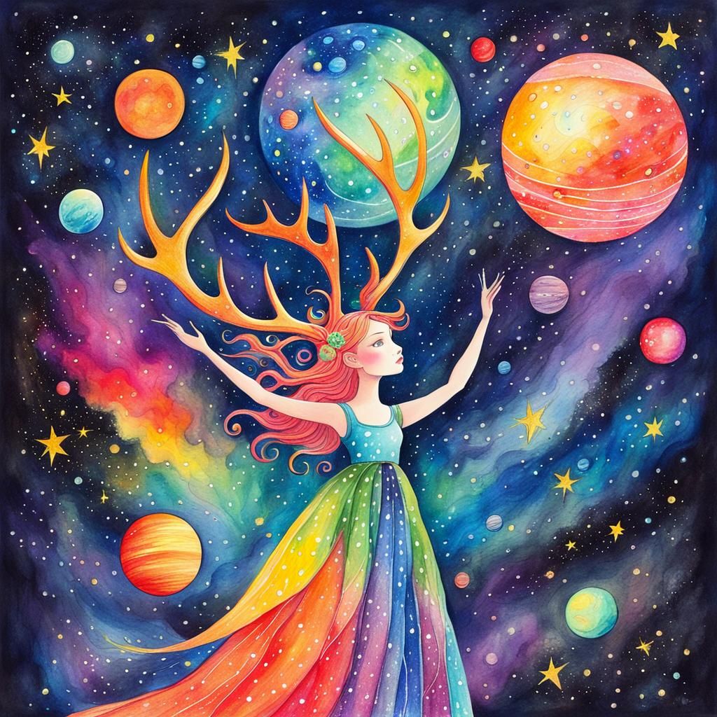 Crayon-Drawn Fairy Goddess in Cosmic Landscape