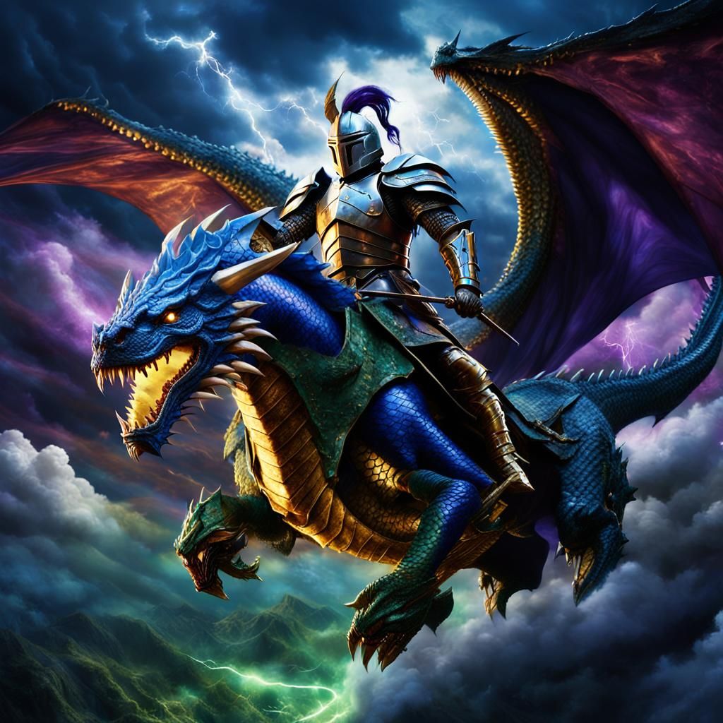 Knight on Dragon in Electric Storm, Matte Painting