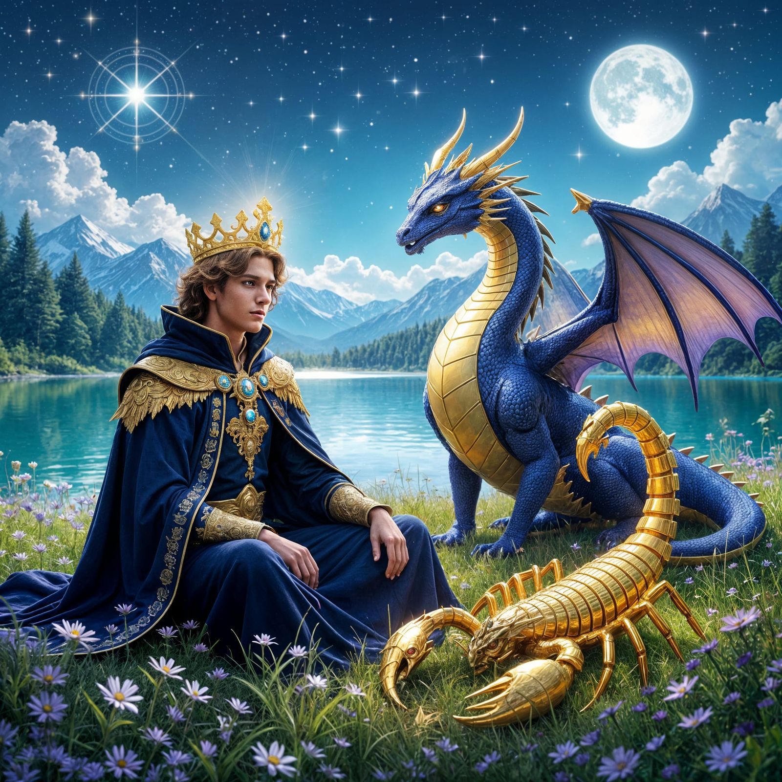 Noble Young Man with Dragon and Scorpion in Magical Meadow