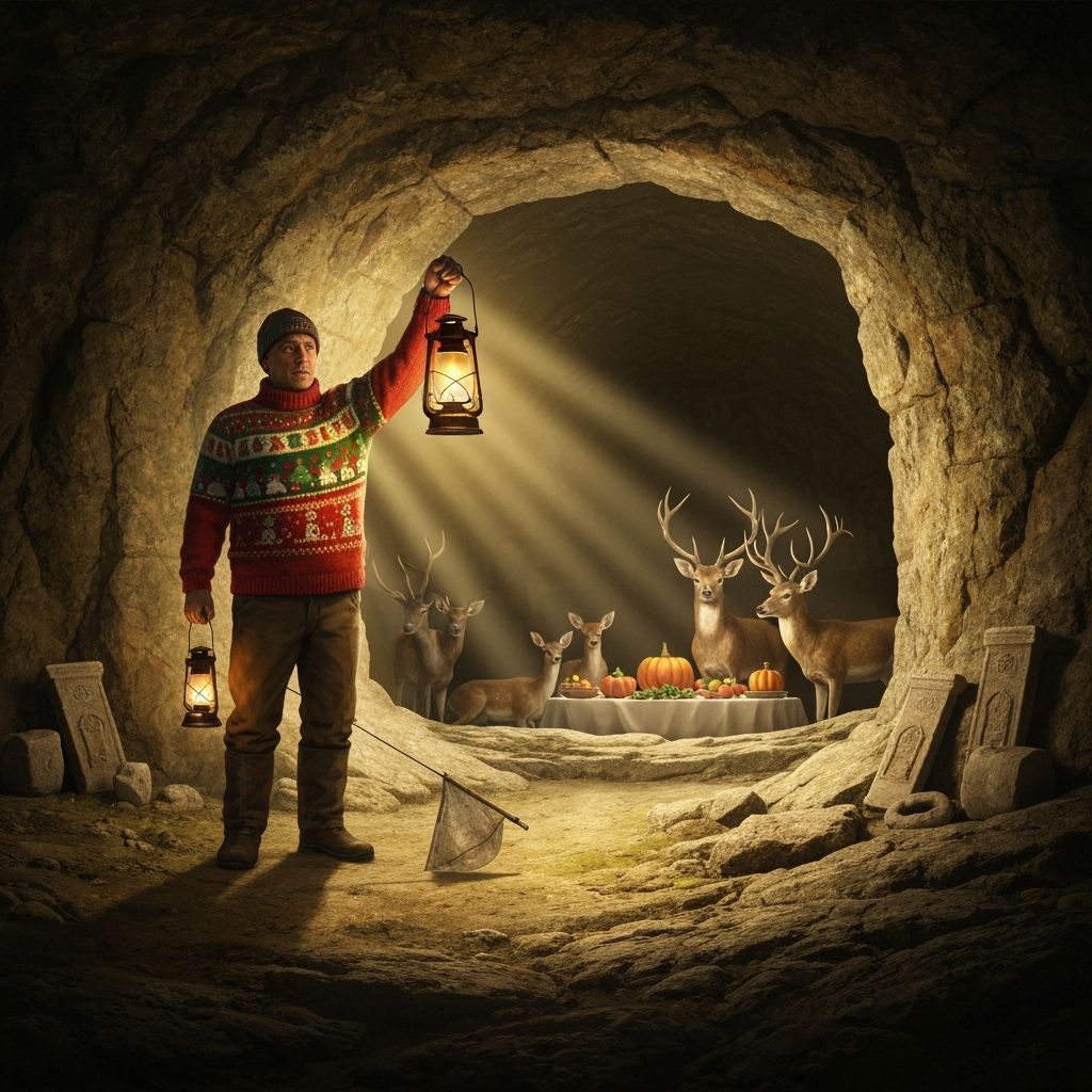 Fisherman's Lantern Reveals Deer Feast in Stone Cavern