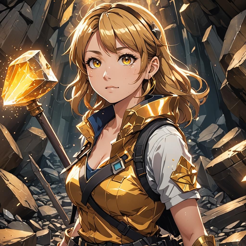 Anime Girl Miner in Sparkling Crystal Cave