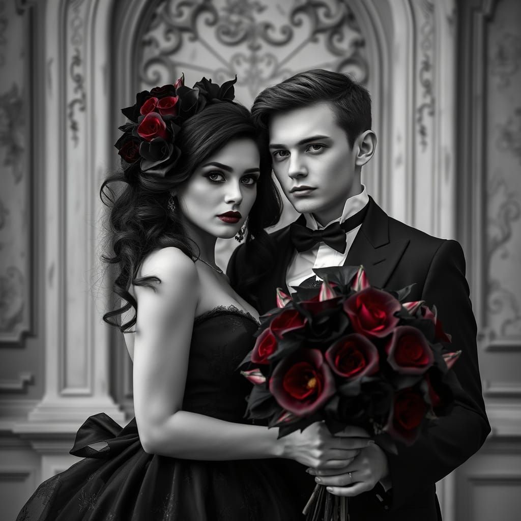 Ethereal Floral Gothic Couple in High-Contrast Black and Whi...