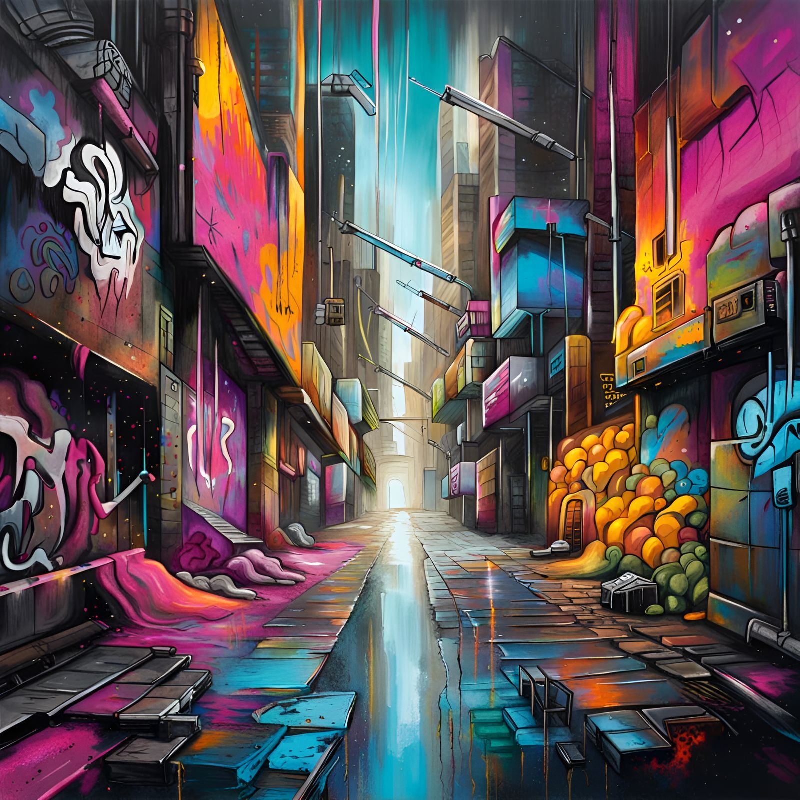 Cyberpunk Graffiti Art in a Colorful Alley