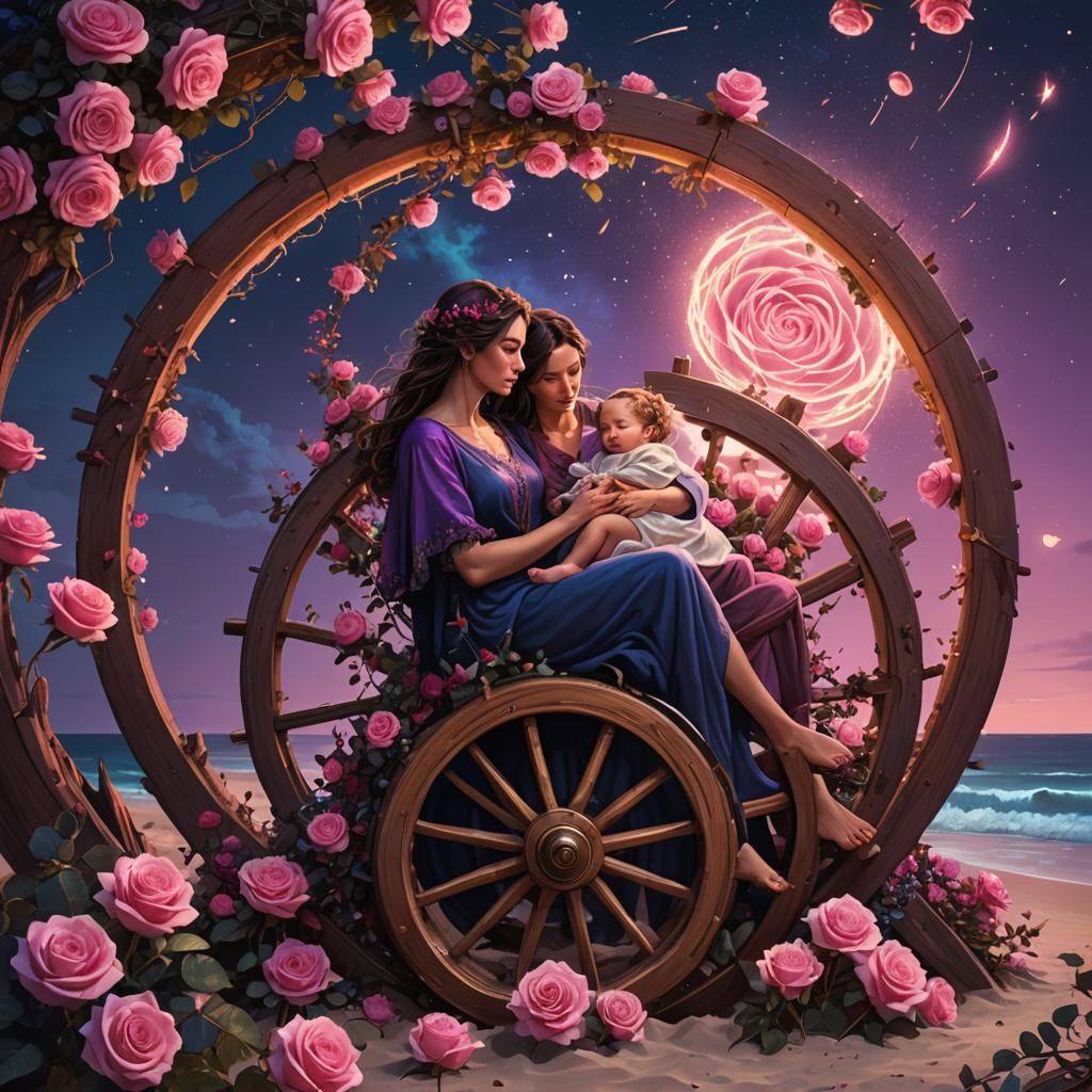 Mother and Baby on Moonlit Beach in Fantasy Art