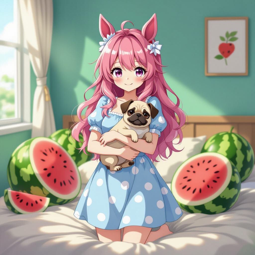Anime Girl with Pug and Watermelons in Manga Style
