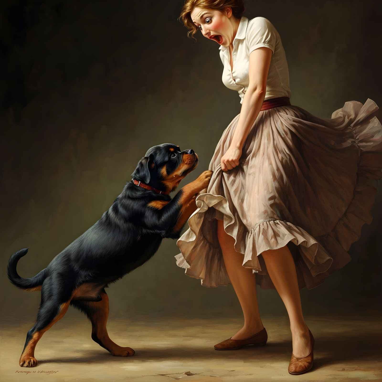 Playful Puppy Rips Skirt in Action Painting Style