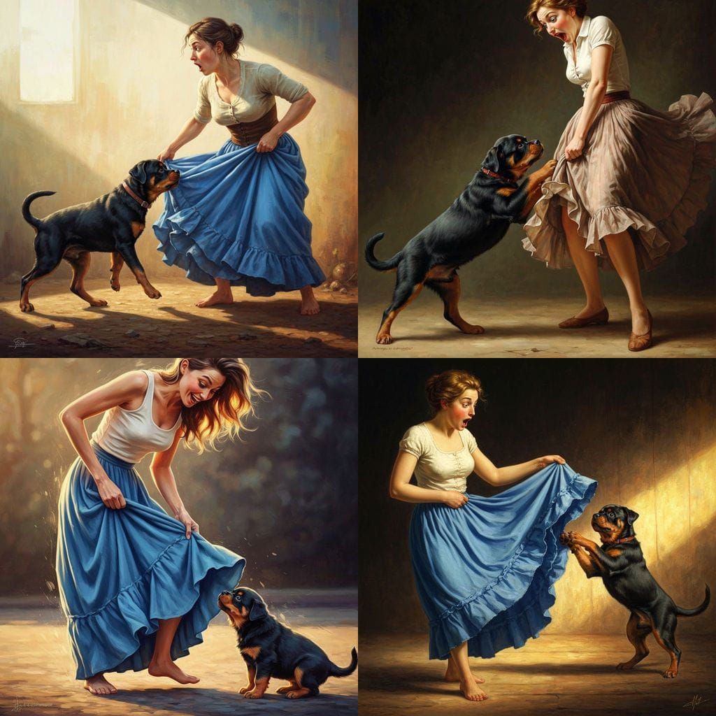 Playful Puppy Rips Skirt, Woman Surprised