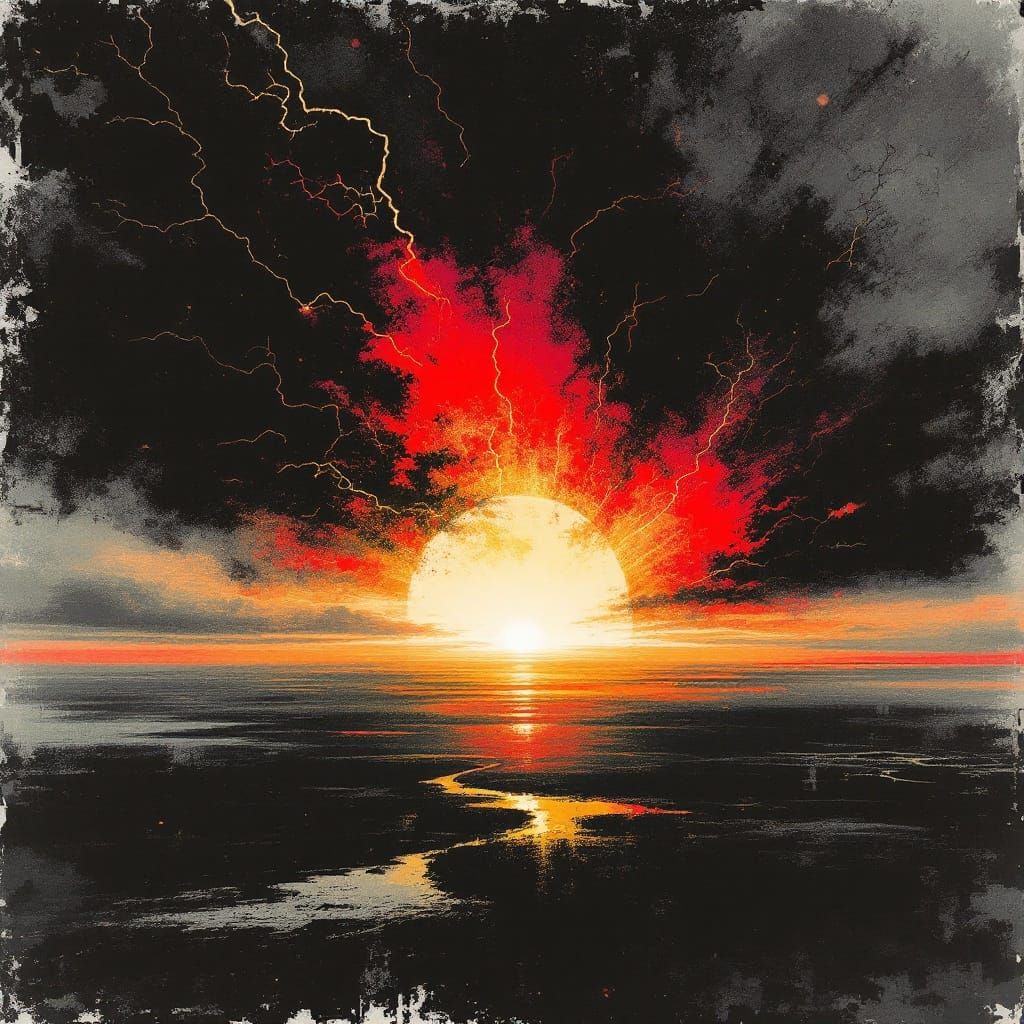 Surreal Dawn Landscape with Golden Lightning