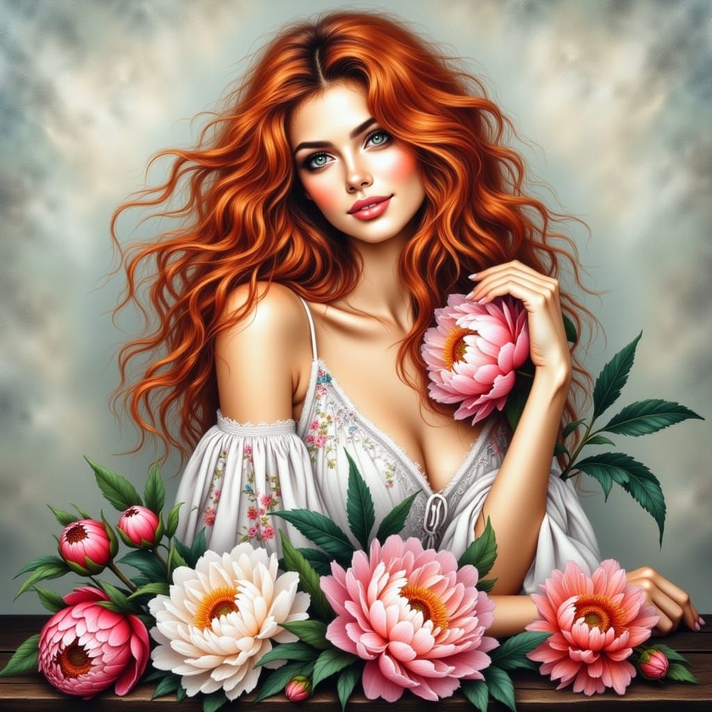 Red-Haired Woman with Peony, Watercolor and Acrylic