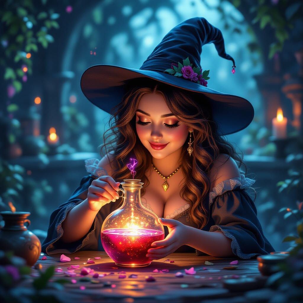 Chubby Witch Creates Glowing Love Potion in Matte Painting S...