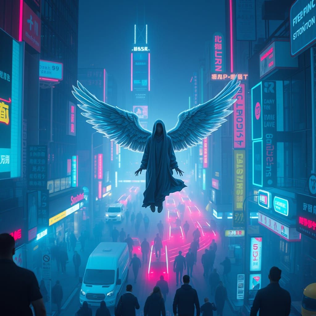 Cyberpunk Angel in Neon Cityscape