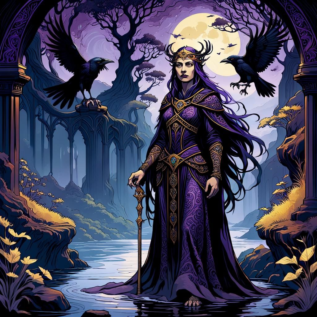 High Elf Priestess at the River Styx in Art Nouveau Style