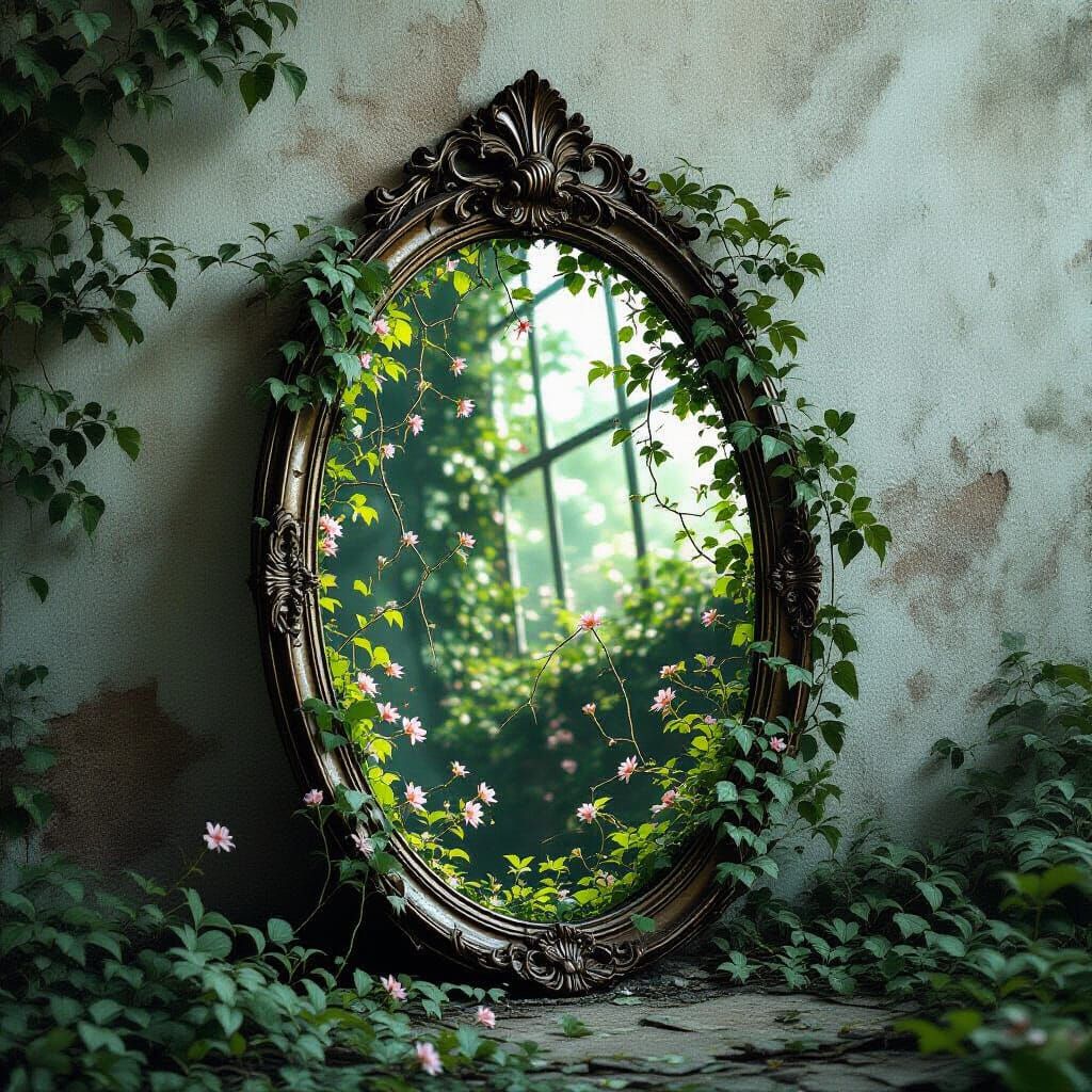 Antique Mirror With Vines Growing From Reflection