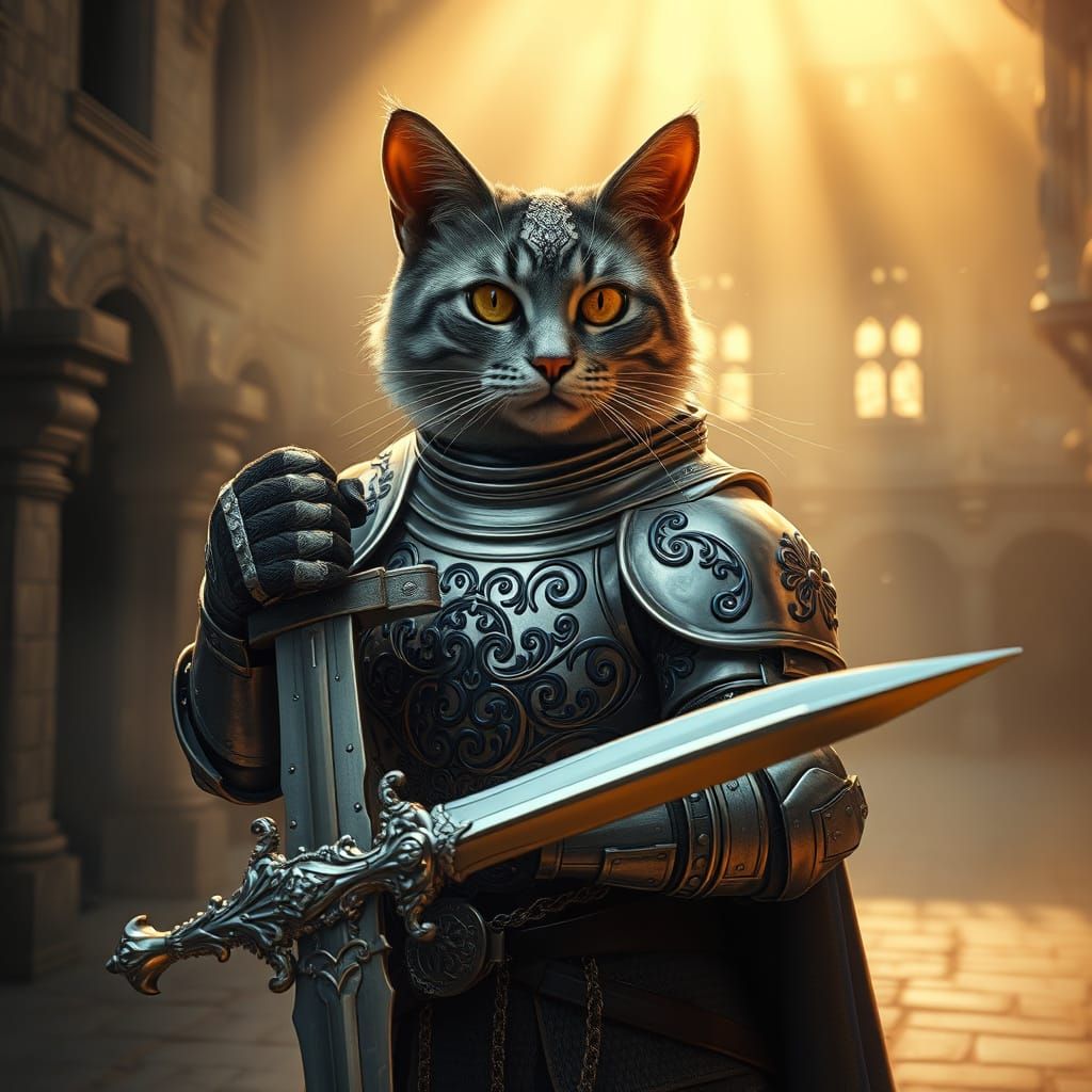 Majestic Cat in Shining Silver Knight Armor