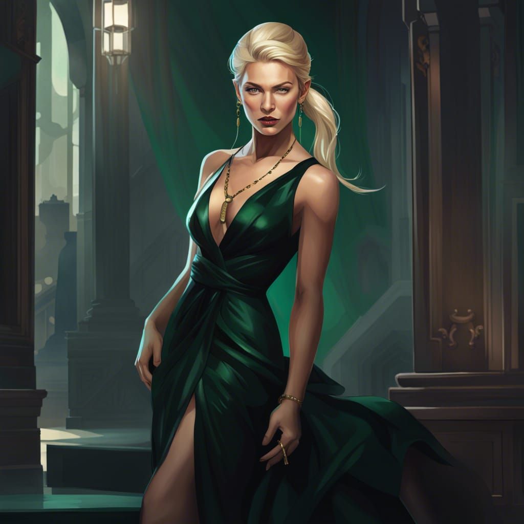 Elegant Blonde in Black Dress: Art Nouveau Portrait