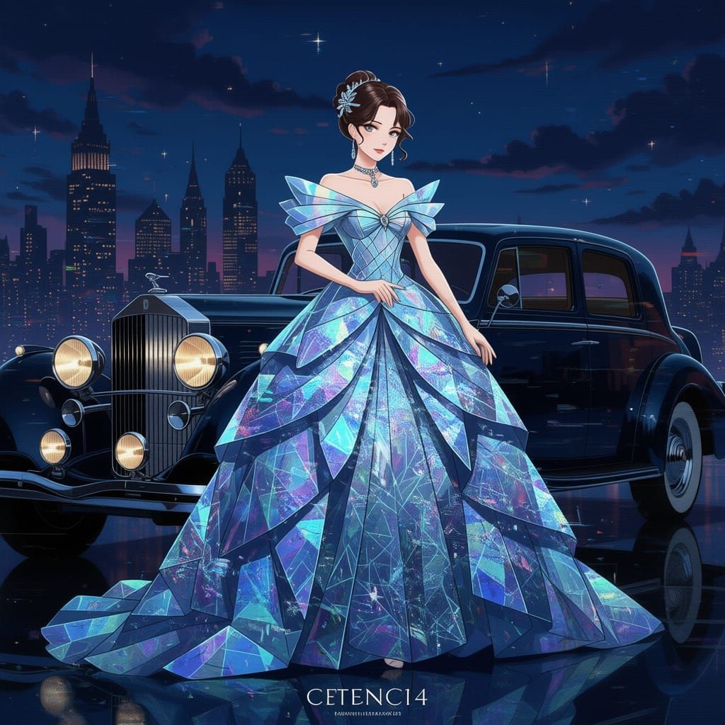 Anime Noblewoman in Shattered Glass Gown with 1930s Car