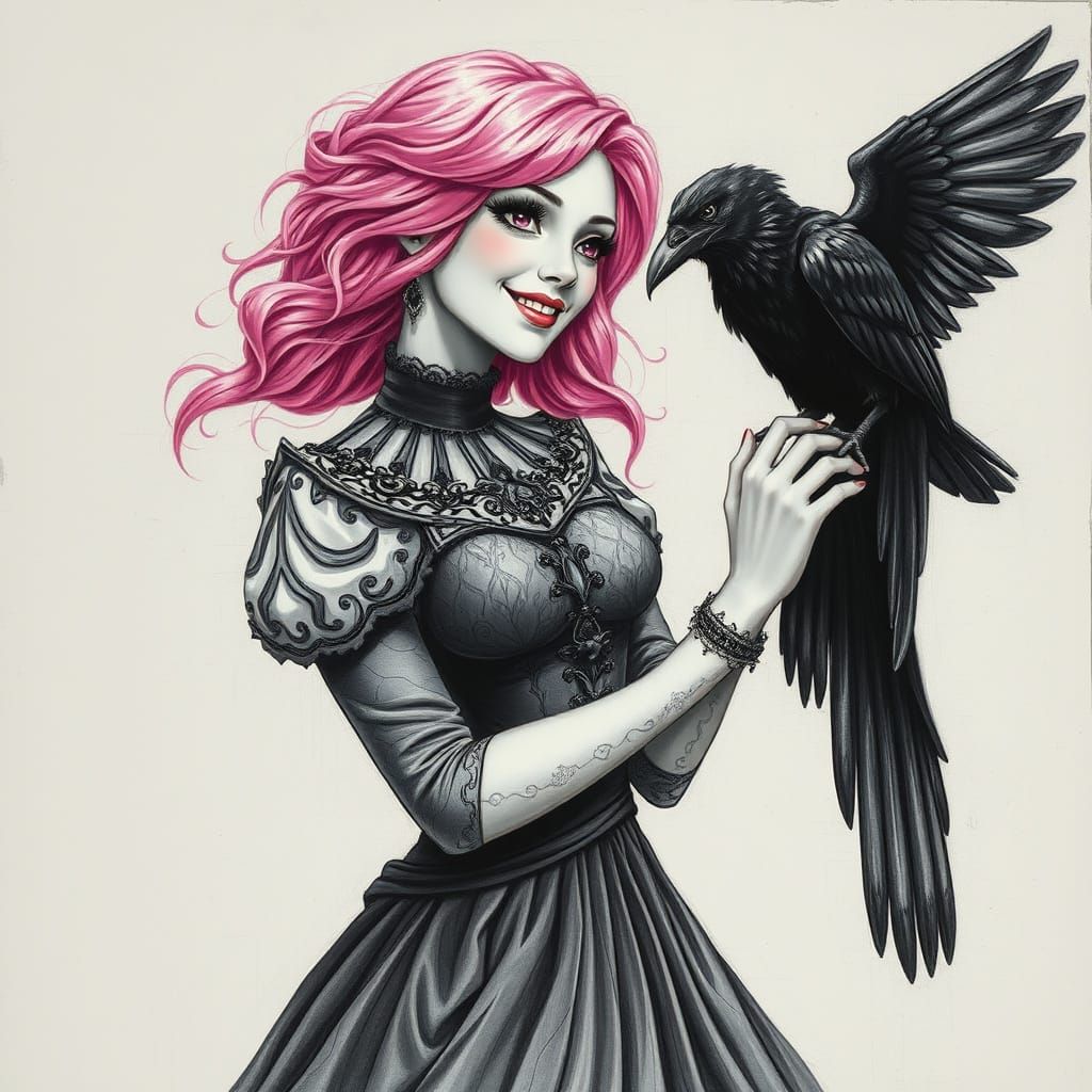 Gothic Woman Petting Raven: Hyperdetailed Charcoal Drawing