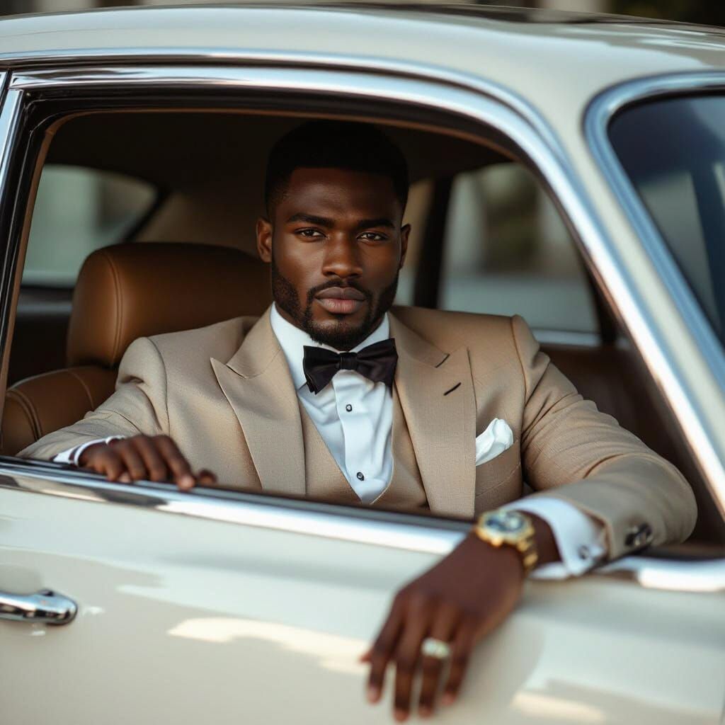 Elegant Haitian Man in Bentley Car, Cinematic Film Still