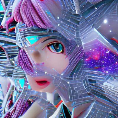 Anime Girl in Infinite Galaxy with Geometric Sculpture
