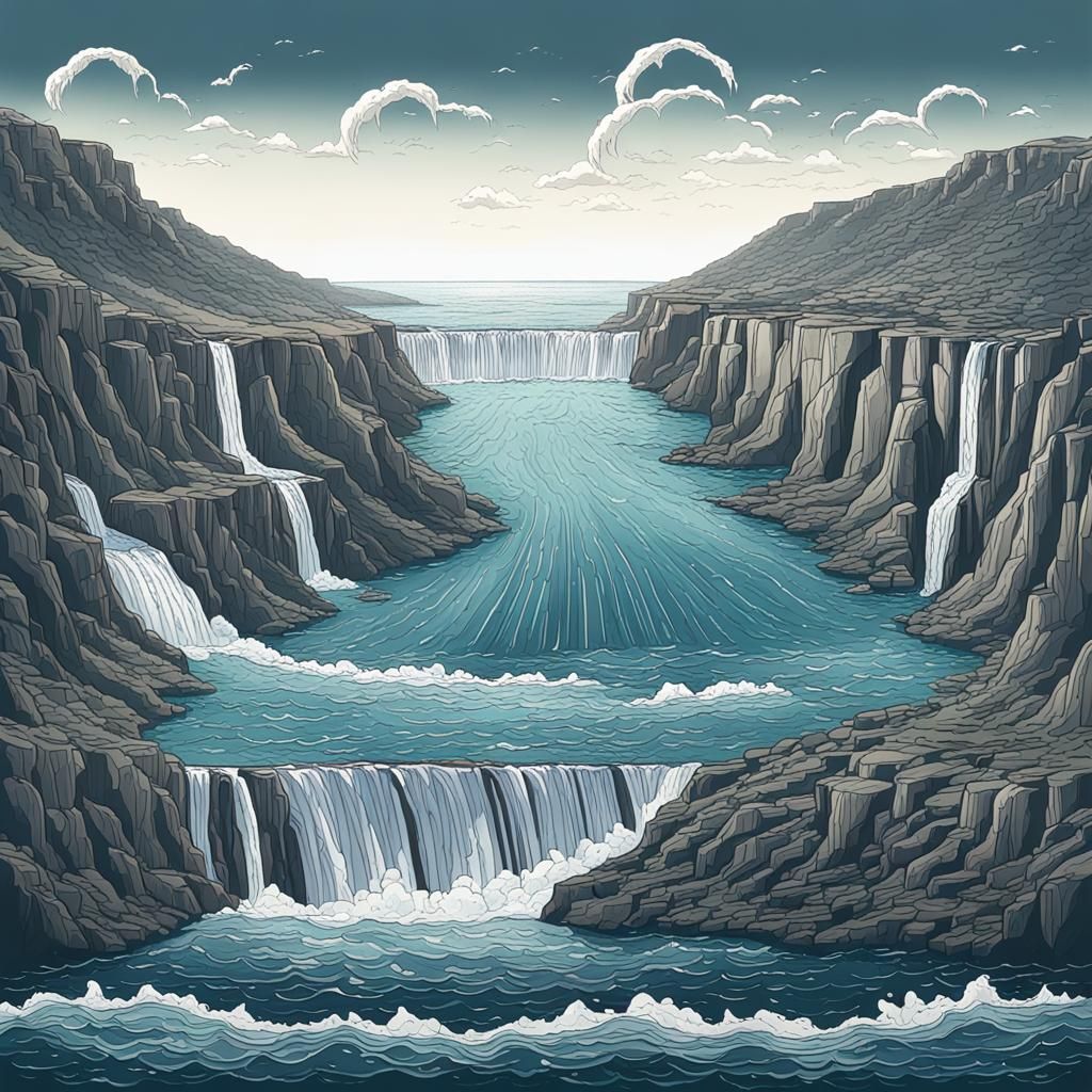 Surreal Sea Divided by Silver Waterfall