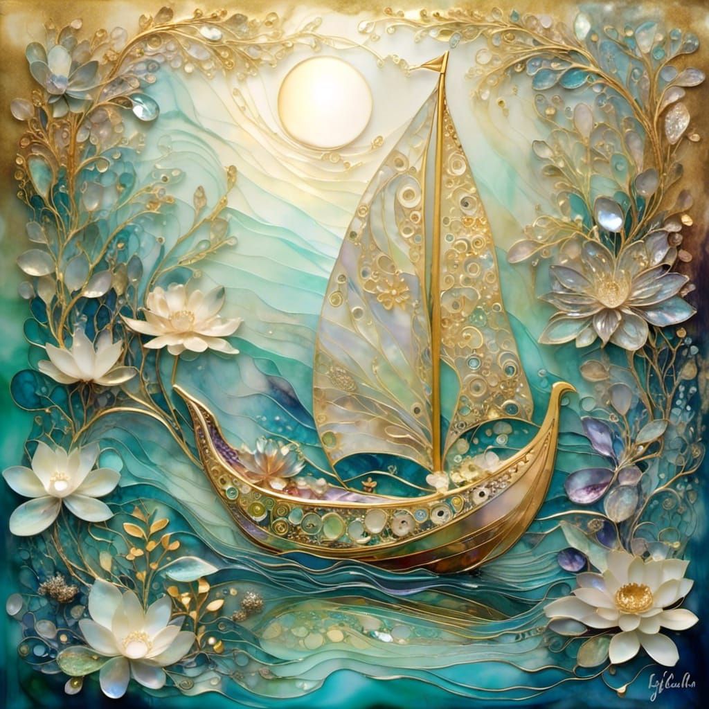 Iridescent Mother-of-Pearl Boat on Rough Sea
