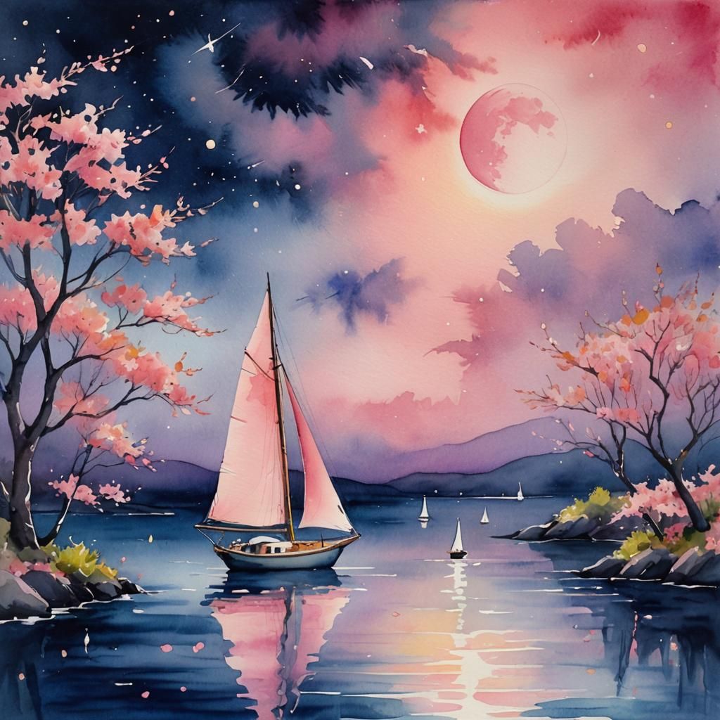Sailboat at Night: A Fauvist Watercolor Painting