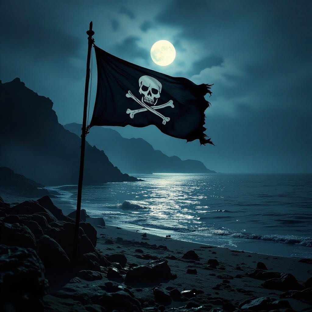 Pirate Flag in Moonlit Bay: Cinematic Still