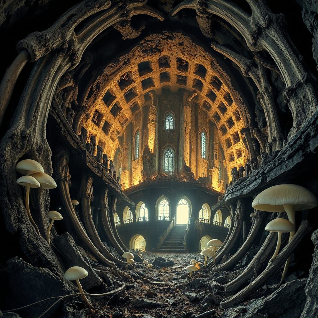Metropolis Inside Giant Beast Skeleton Illuminated by Fungi